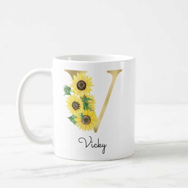 Taza De Café Monograma de oro girasol floral inicial V femenino (Izquierda)