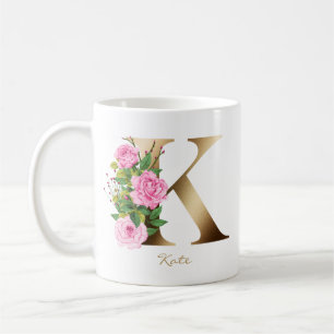 Taza De Café Monograma de oro letra K Rosas rosadas Floral