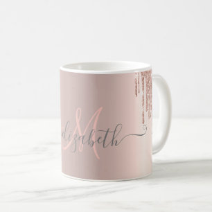Taza De Café Monograma de oro rosa con gotas de brillo modernas