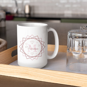 Taza De Café Monograma de Oro Rosa Rosa Rosado Diamantes Geomét