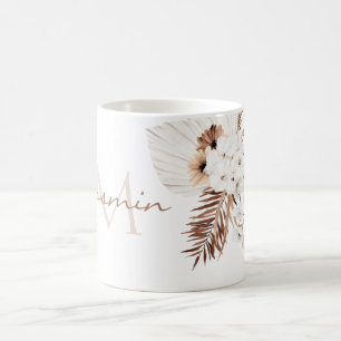 Taza De Café Monograma de orquídeas blancas de pampas marrones 
