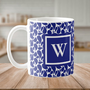 Taza De Café Monograma de Paisley minimalista moderno azul y bl