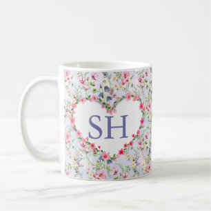 Taza De Café Monograma de Patrón de Acuarela de Flor de Primave