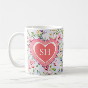 Taza De Café Monograma de Patrón de Acuarela de Flor de Primave