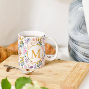 Taza De Café Monograma de patrón de acuarela de flor de primave