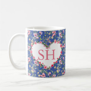 Taza De Café Monograma de Patrón de Acuarela de Flor de Primave