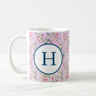 Taza De Café Monograma de Patrón de Acuarela de Flor de Primave