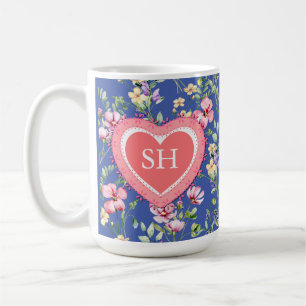 Taza De Café Monograma de Patrón de Acuarela de Flor de Primave