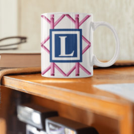 Taza De Café Monograma de Patrón de Bambú de Enrejado Rosa Eleg