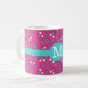 Taza De Café Monograma de Patrón de Corazones, Lluvia y Gemas M