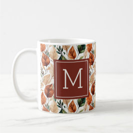 Taza De Café Monograma de patrón de hojas de terracota y salvia
