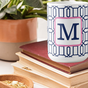 Taza De Café Monograma de Patrón de Octágono Navy Preppy