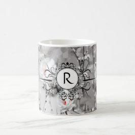 Taza De Café Monograma de patrón floral blanco gris rosa blanco