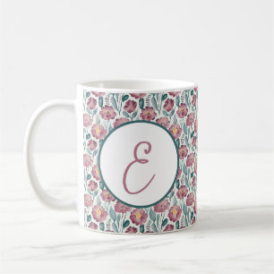 Taza De Café Monograma de patrón floral de acuarela rojo pálido