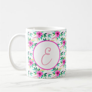 Taza De Café Monograma de patrón floral de acuarela rosa brilla