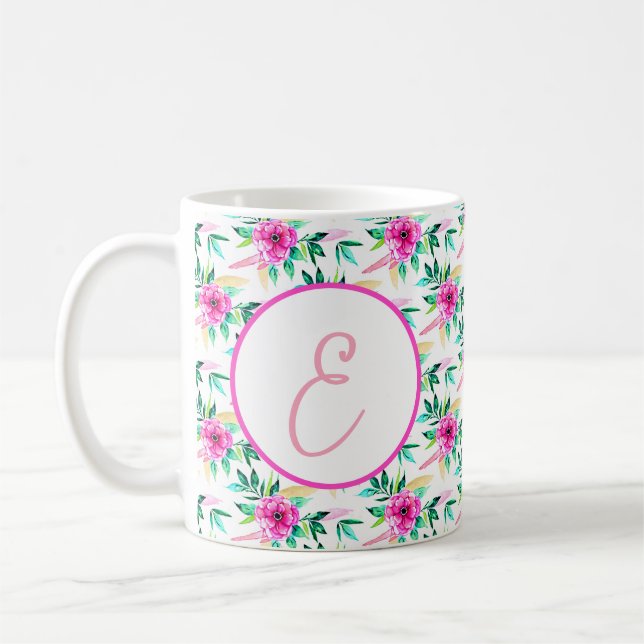 Taza De Café Monograma de patrón floral de acuarela rosa brilla (Izquierda)