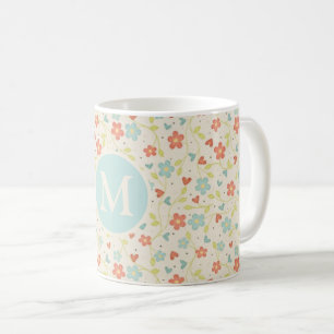 Taza De Café Monograma de patrón floral de primavera de Bonito 