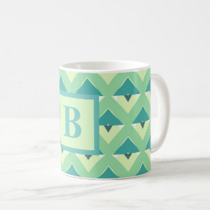 Taza De Café Monograma de patrón geométrico azul y verde