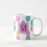 Taza De Café Monograma de piña de Girona<br><div class="desc">Esta taza de café monocasco es genial para el amante de la piña. Las piñas dulces adornan el diseño en tonos azules,  violetas y rosas sobre un fondo blanco. Hace el regalo perfecto para un ser querido. ¡personalizar tuyo hoy! Material gráfico creado por: AMBilustrations http://www.etsy.com/shop/AMBillustrations/</div>