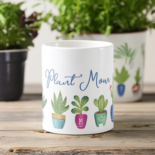 Taza De Café Monograma de plantas putrefactas y divertidas con  (Plant Mom Fun & Cute Potted Plants Monogram Coffee Mug)