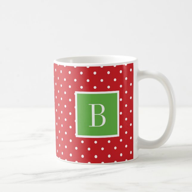 Taza De Café Monograma de puntos de polka rojo y verde (Derecha)
