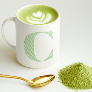 Taza De Café Monograma de puntos de polka verde pálido y blanco
