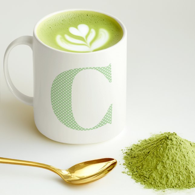 Taza De Café Monograma de puntos de polka verde pálido y blanco (Pale Green and White Polka Dot Monogram Coffee Mug)