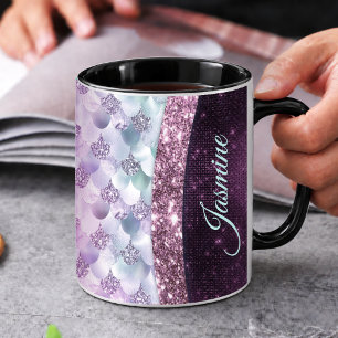 Taza De Café Monograma de purpurina falsa rosa sirena chic