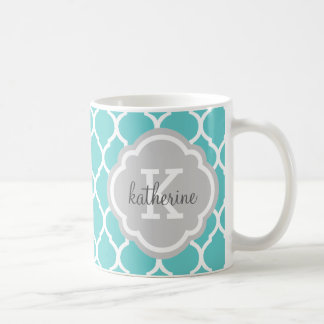 Taza De Café Monograma de quatrefoil marroquí turquesa y gris