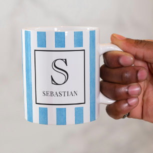 Taza De Café Monograma de rayas de acuarela azules y blancas