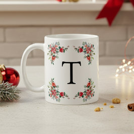 Taza De Café Monograma de Red Winter Florals