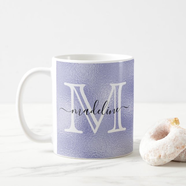 Taza De Café Monograma de Relieve metalizado púrpura con guión  (Con donut)