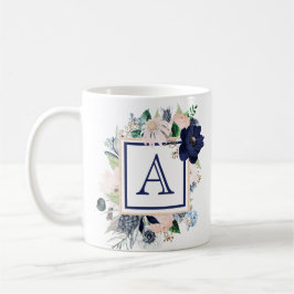 Taza De Café Monograma de Rosa floral azul