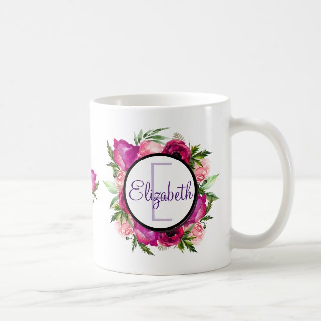 Taza De Café Monograma de rosa y adormidera floral (Derecha)