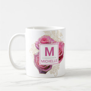Taza De Café Monograma de Rosas Glam de Rosa y Dorado Preciosas