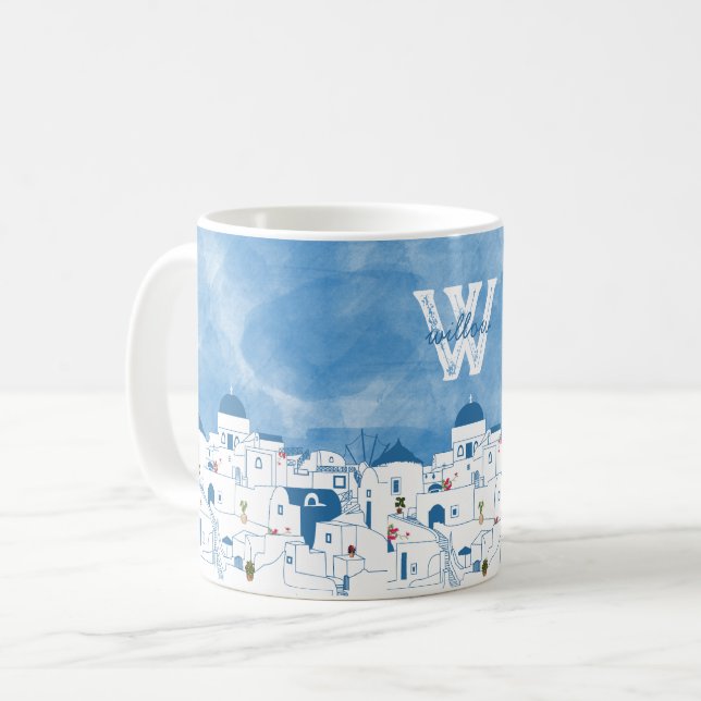 Taza De Café Monograma de Santorini Grecia azul y blanco (Anverso izquierdo)