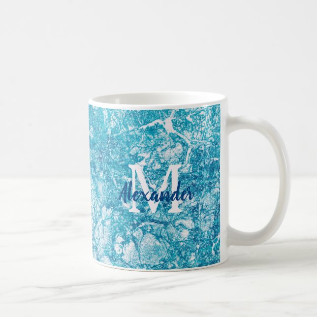 Taza De Café Monograma de textura de mármol azul y blanco (Derecha)