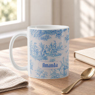Taza De Café Monograma de Toile Floral Azul Turquesa Vintage