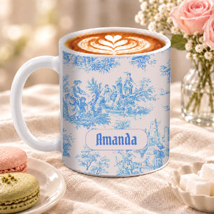 Taza De Café Monograma de Toile Floral Azul Turquesa Vintage