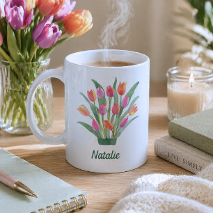 Taza De Café Monograma de Tulipanes Modernos