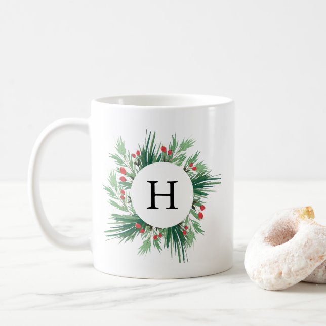 Taza De Café Monograma de vacaciones de Mistletoe (Con donut)