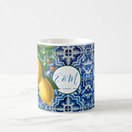Taza De Café Monograma de verano de mosaico blanco azul boda Le