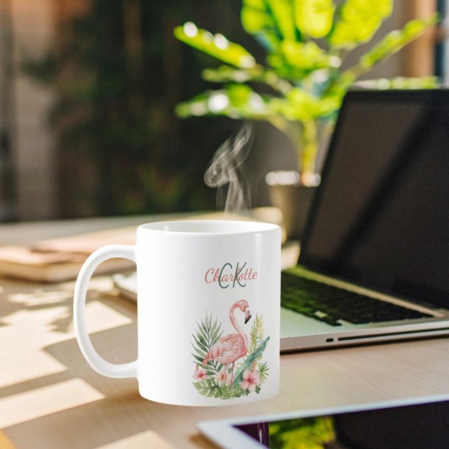 Taza De Café Monograma de verano tropical de flamingo rosa (Subido por el creador)