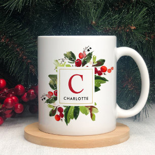 Taza De Café Monograma de Verde Navidad Rojo Elegante