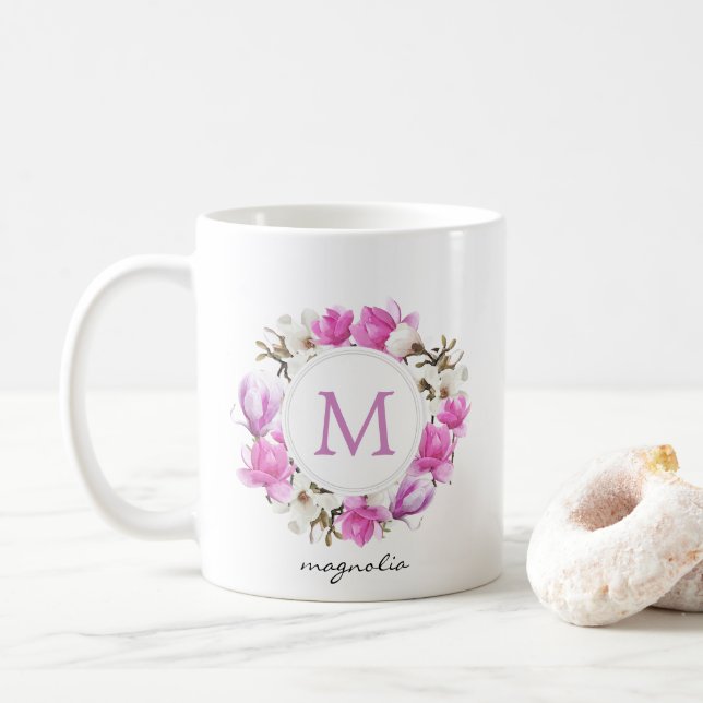 Taza De Café Monograma de Wreath de Magnolia de color de agua (Con donut)