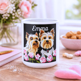 Taza De Café Monograma de Yorkies y Rosas