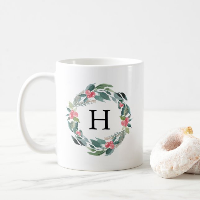 Taza De Café Monograma del bosque de vacaciones (Con donut)