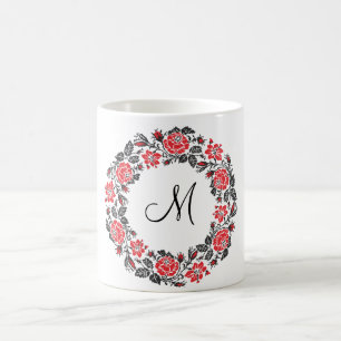 Taza De Café Monograma del círculo de las rosas rojas cruzadas