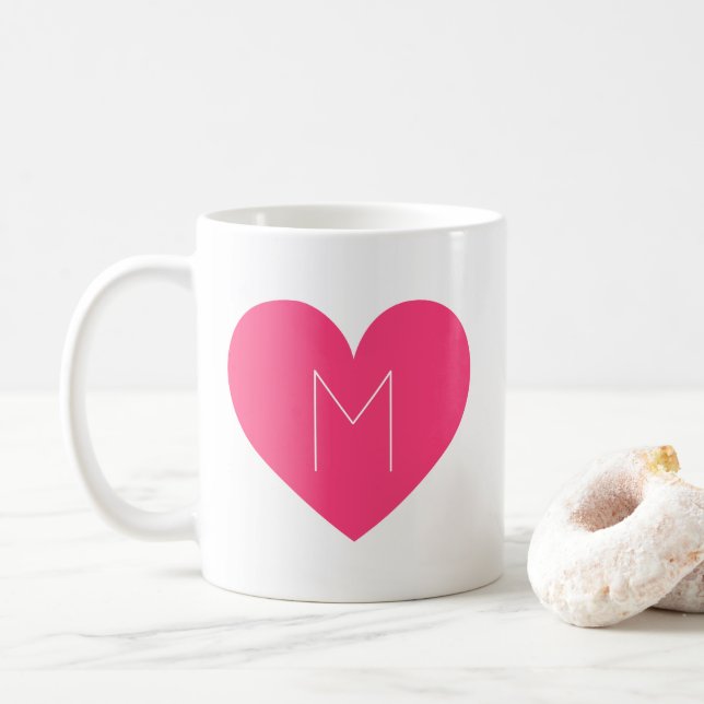 Taza De Café Monograma del corazón rosado caliente contemporáne (Con donut)