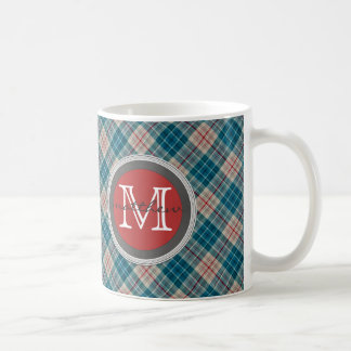 Taza De Café Monograma del fondo de la tela escocesa del rojo